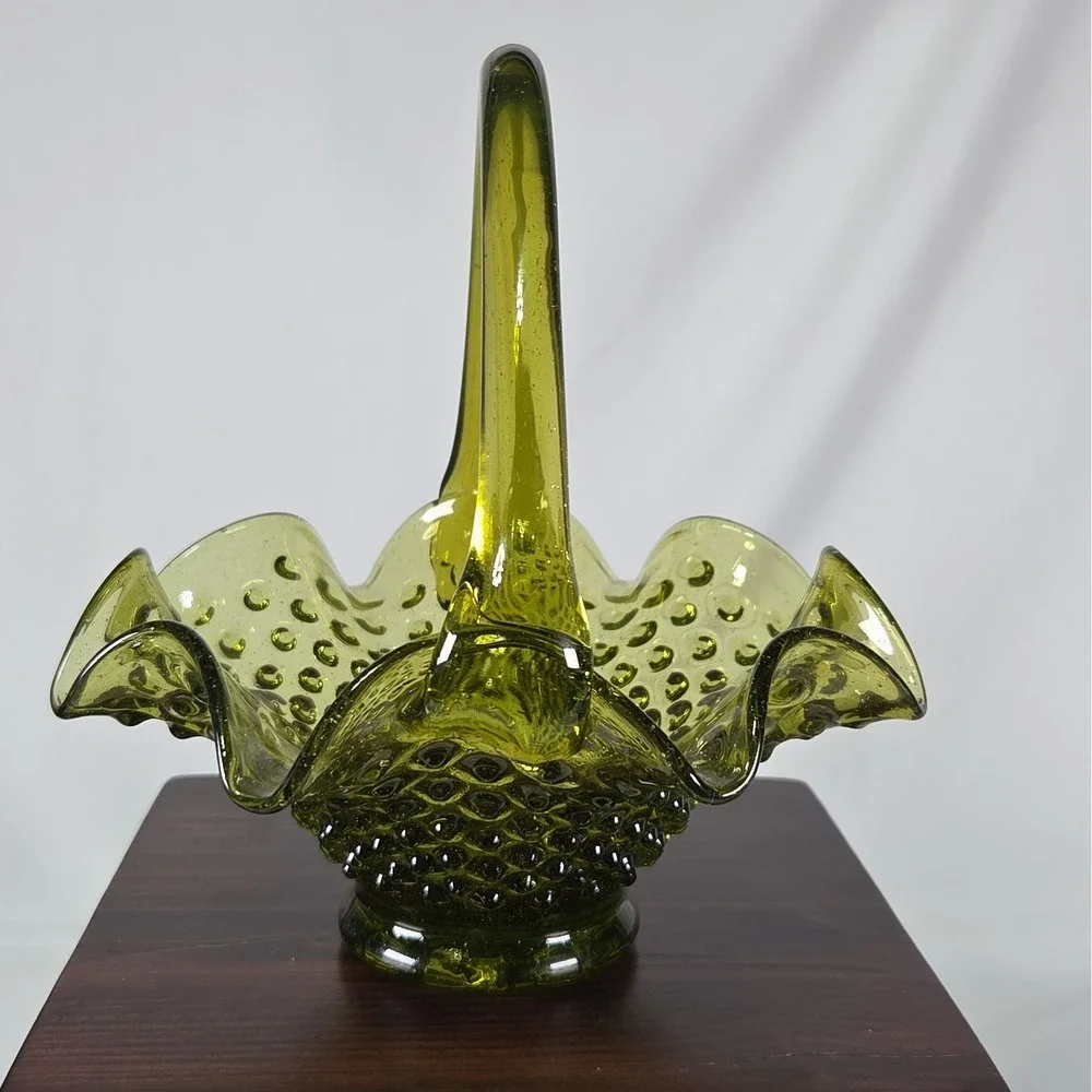 Vintage Fenton Hobnail Ruffle Glass Basket Green